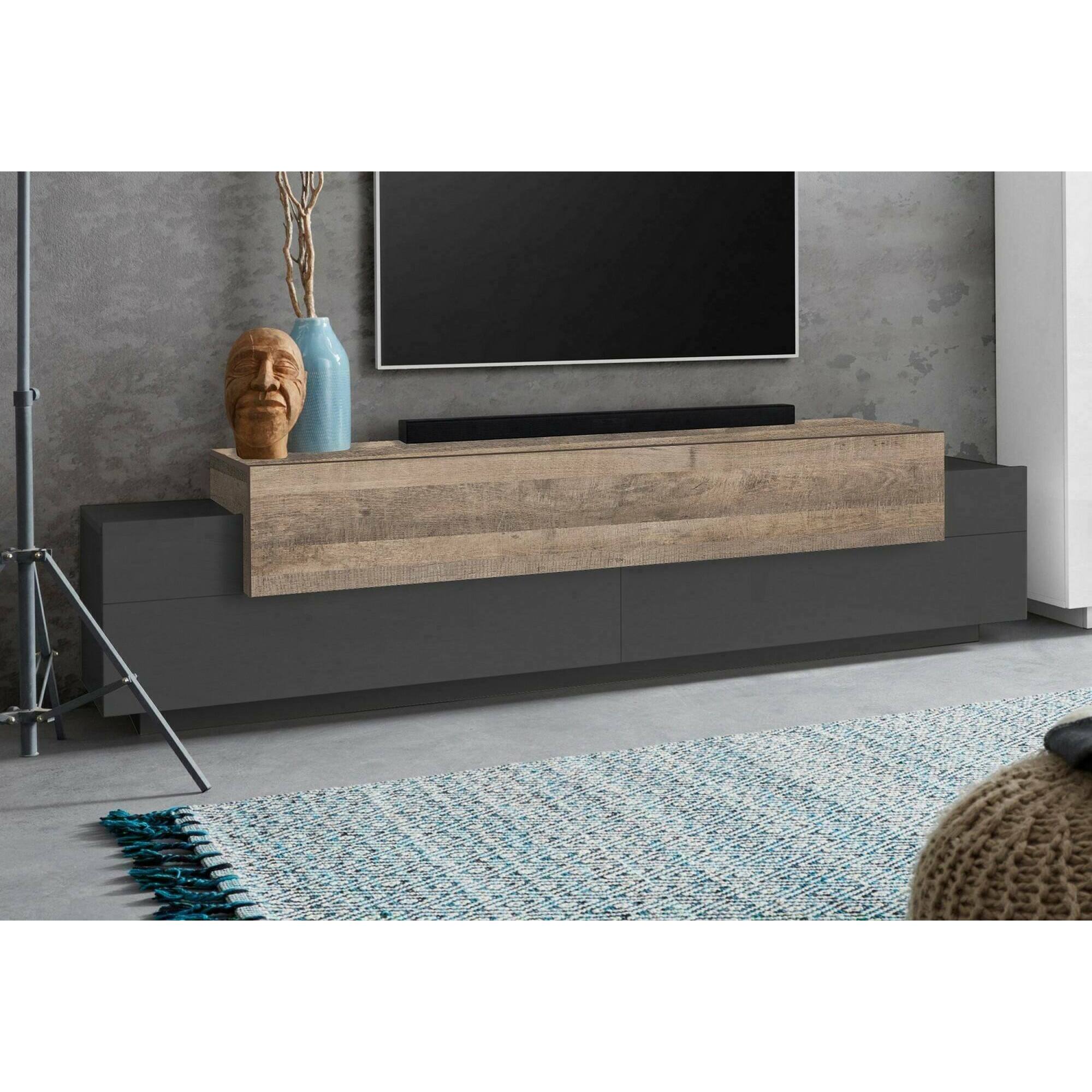 Mobile porta TV Teo, Credenza bassa da soggiorno, Base porta TV, 100% Made in Italy, cm 200x45h52, Antracite e Acero