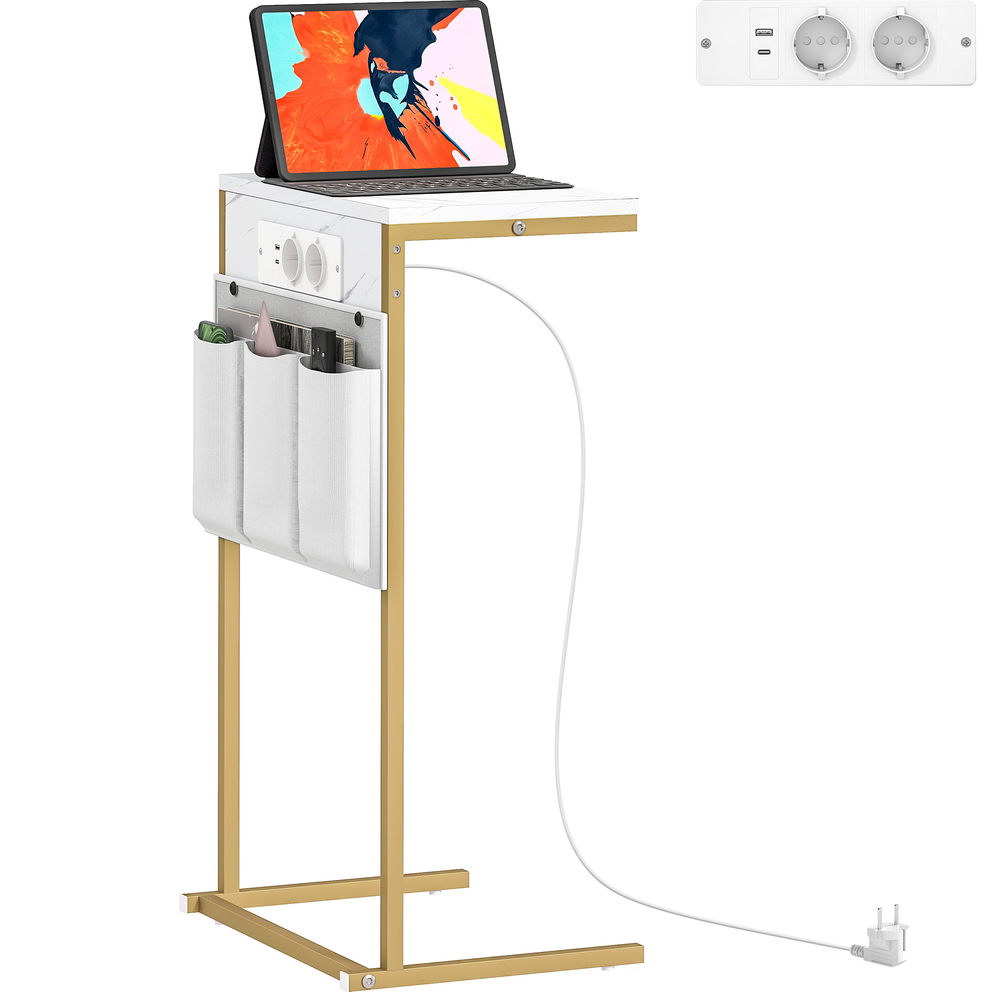 Mesa Auxiliar con Estación de Carga Mesa para Sofá con 2 Puertos USB 1 Puerto USB-C y Bolsillo Organizador Mesita Auxiliar para Salón Dormitorio Blanco