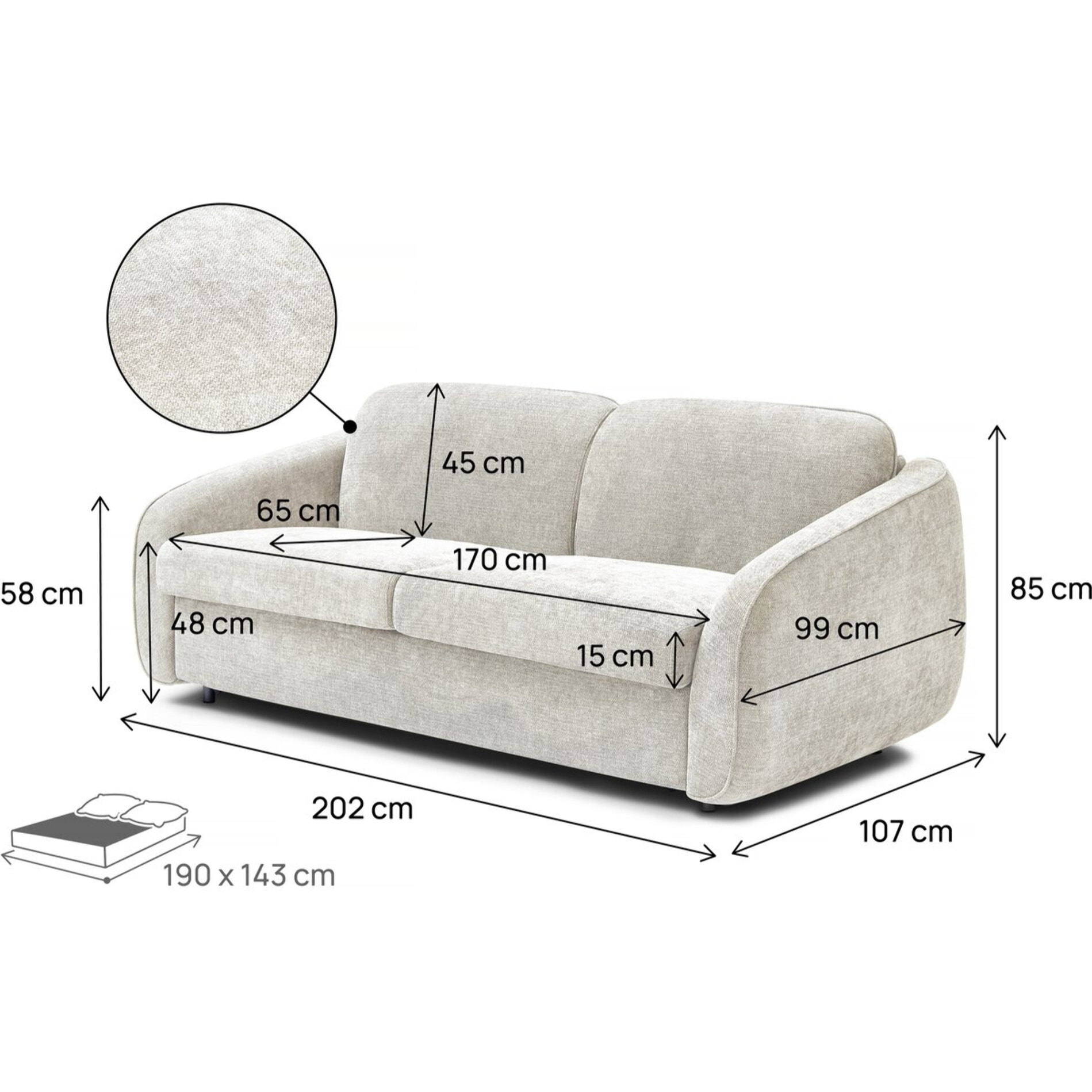 Canapé lit convertible express en tissu texturé "Laurie" - 202 x 107 x 85 cm