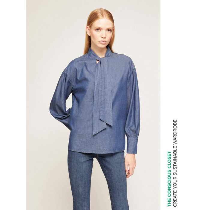 Motivi - Blusa amplia con fajín en denim - Azul