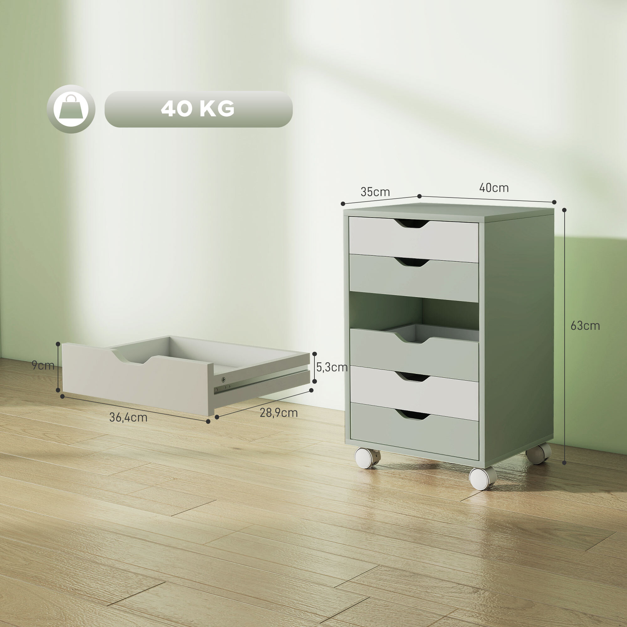 Cajonera Escritorio, Archivador Móvil con 6 Cajones, Soporte para Impresora con Ruedas, Guías Deslizantes Silenciosas, para Oficina, Casa, Verde y Blanco