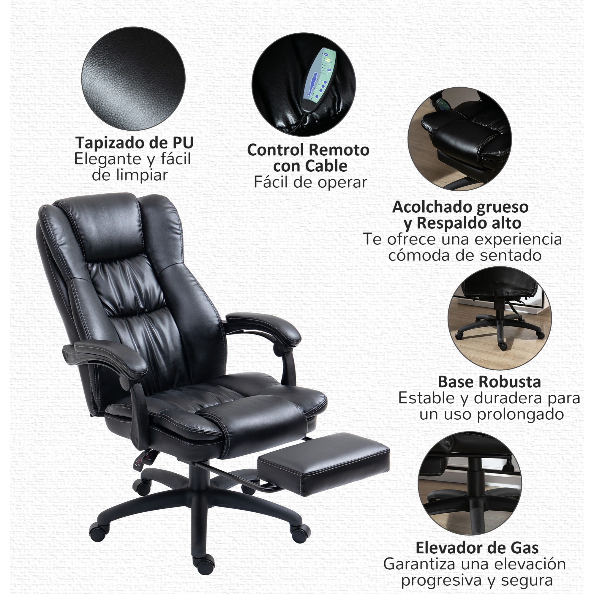 Silla de Masaje con 6 Puntos de Masaje Silla de Oficina Giratoria Silla de Despacho Reclinable con Altura Ajustable Reposapiés Retráctil y Control Remoto 68,5x68,5x113-121 cm Negro