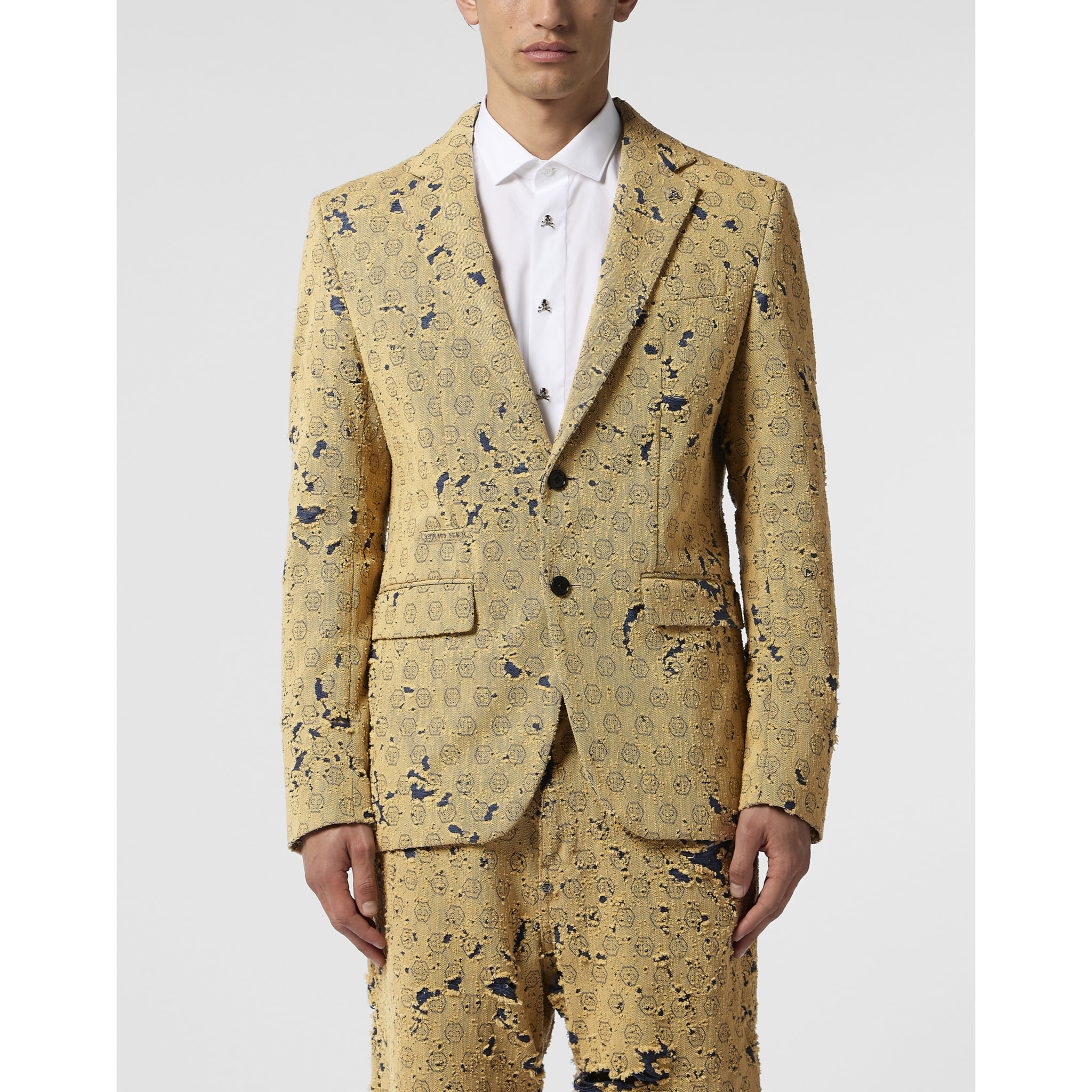 PHILIPP PLEIN Destroyed Denim Jacquard Blazer Monogram