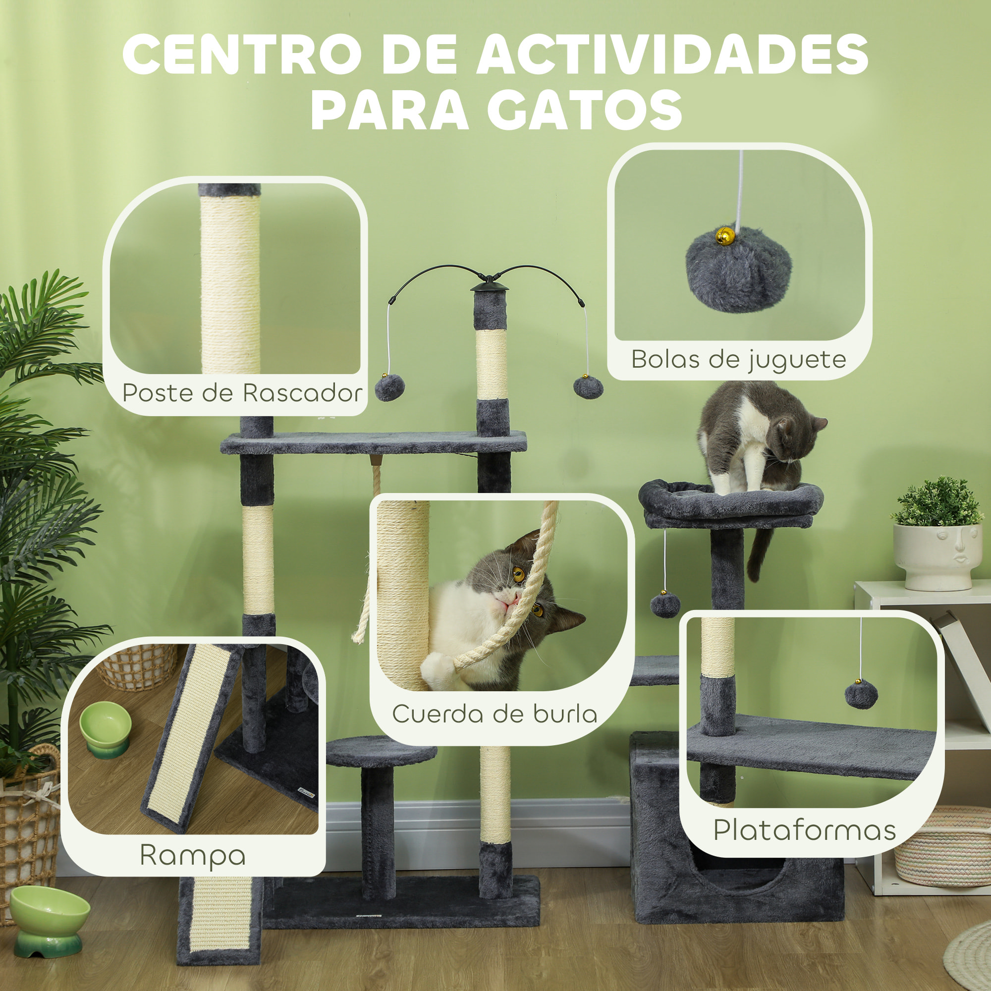 Árbol Rascador para Gatos 134 cm Torre para Gatos Rascador para Gatos con Nidos Cueva Plataformas Bolas de Juguete y Postes de Sisal Gris Oscuro