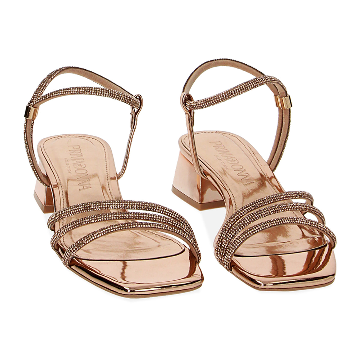 Sandalias con tacón dorado-rosa espejo con piedras