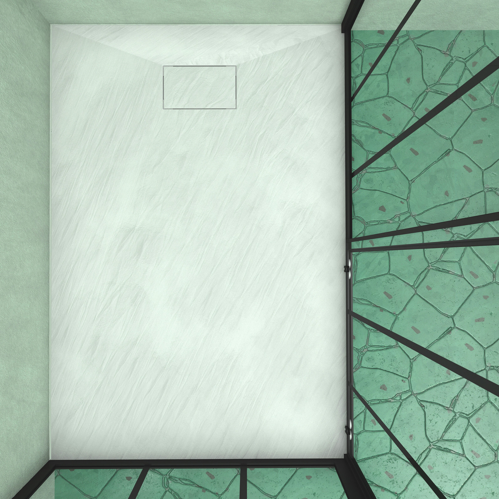 Porte Coulissante et Retour avec Sérigraphie Noire 120x80x200cm + Receveur en SMC Blanc Effet Pierre