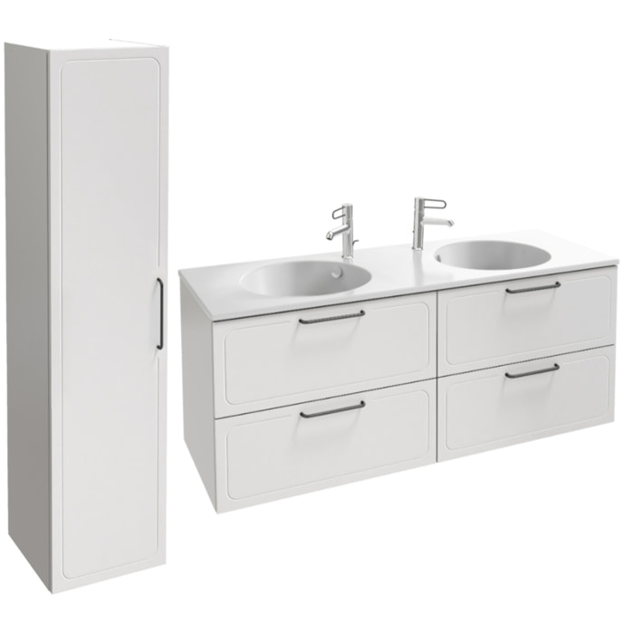 Meuble double vasque 140 cm Odéon Rive Gauche 4 tiroirs blanc + colonne