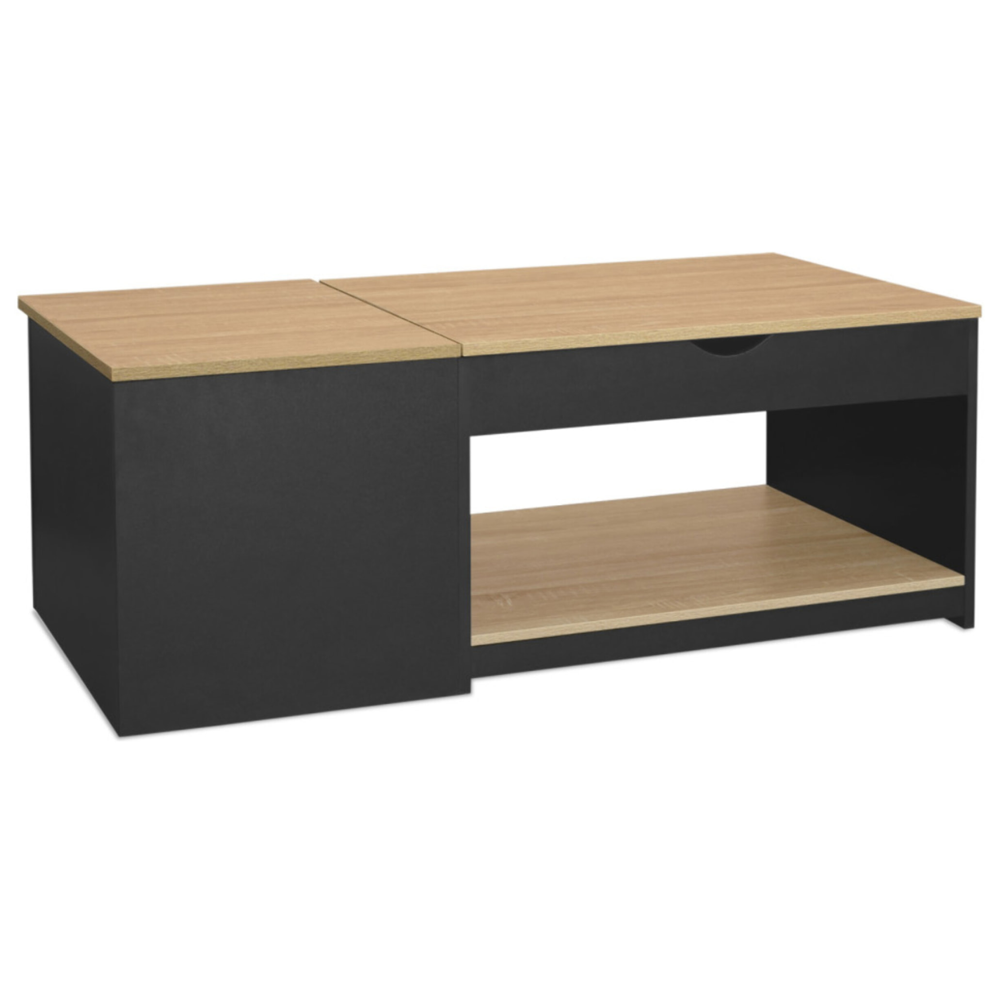 Table basse Elina avec double plateau relevable et coffre latéral L110cm - Bois - Noir