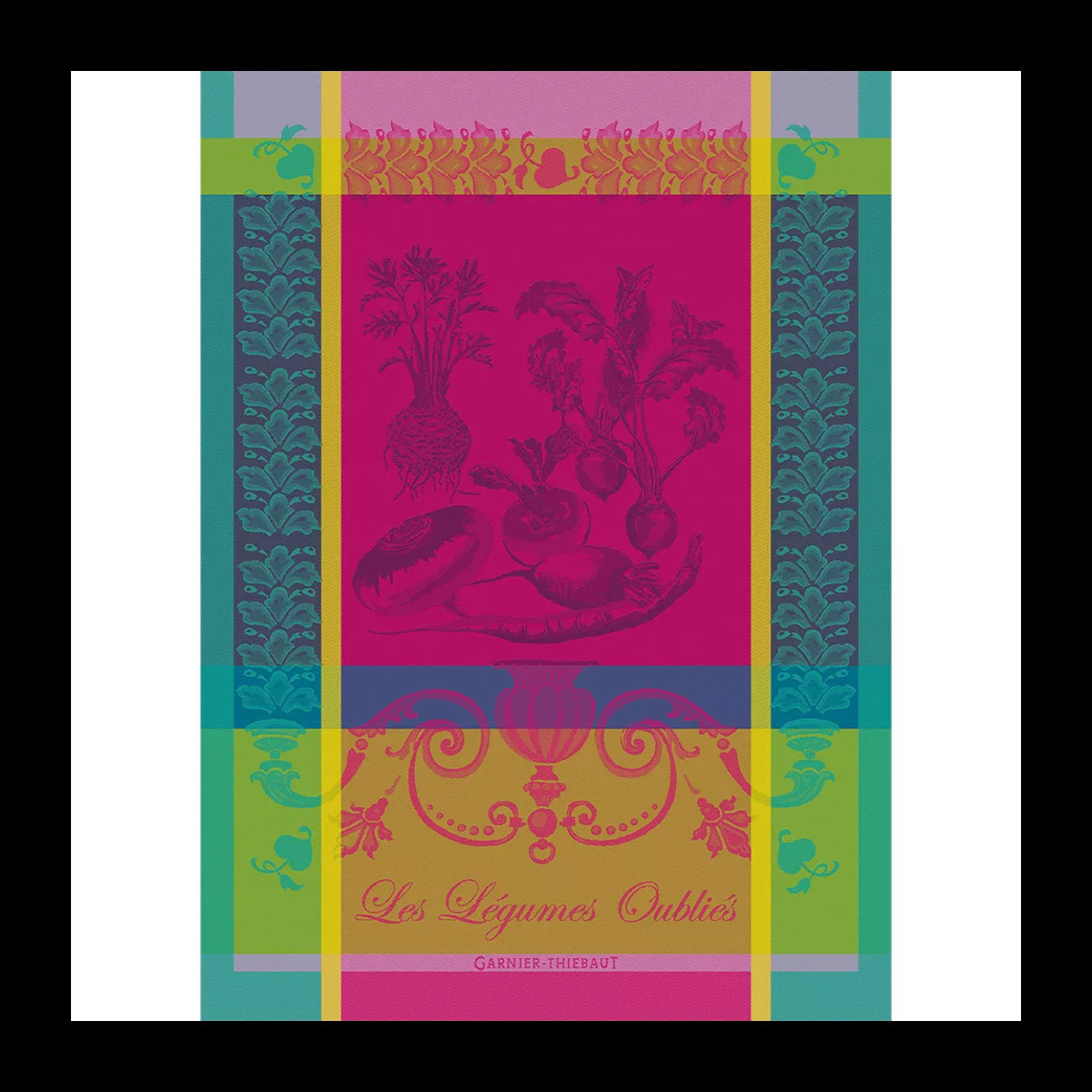 Torchon pur coton motif jacquard rose Legumes oublies fuchsia