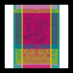 Torchon pur coton motif jacquard rose Legumes oublies fuchsia