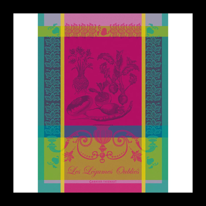 Torchon pur coton motif jacquard rose Legumes oublies fuchsia
