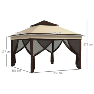 Carpa Plegable 3x3x2,7 m Cenador de Jardín con Doble Techo Altura Ajustable 4 Mosquiteras Protección UV30+ Impermeable y Bolsa Gazebo para Exterior Fiestas Camping Beige y Café