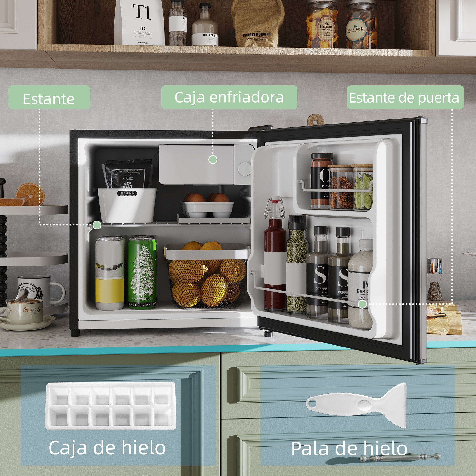 Mini Nevera Silenciosa 46 L Clase E Frigorífico Pequeño Nevera Pequeña con Temperatura Regulable y Puerta Reversible para Salón Habitación Oficina 48x44x49 cm Plata