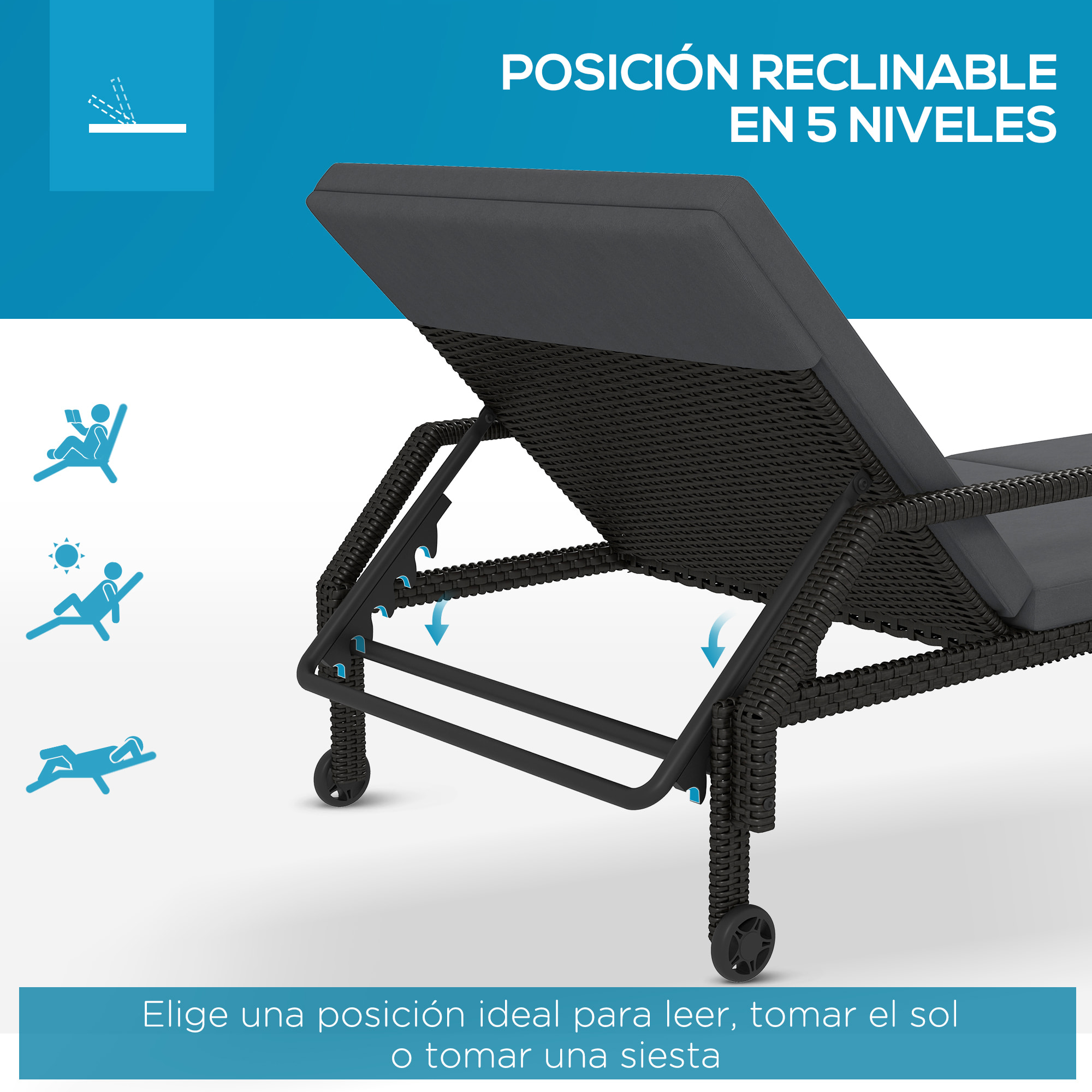 Tumbona de Ratán Chaise Longue de Jardín con Respaldo Ajustable en 5 Posiciones Cojín Acolchado y 2 Ruedas Carga 120 kg 73x200x48 cm Gris Oscuro y Negro