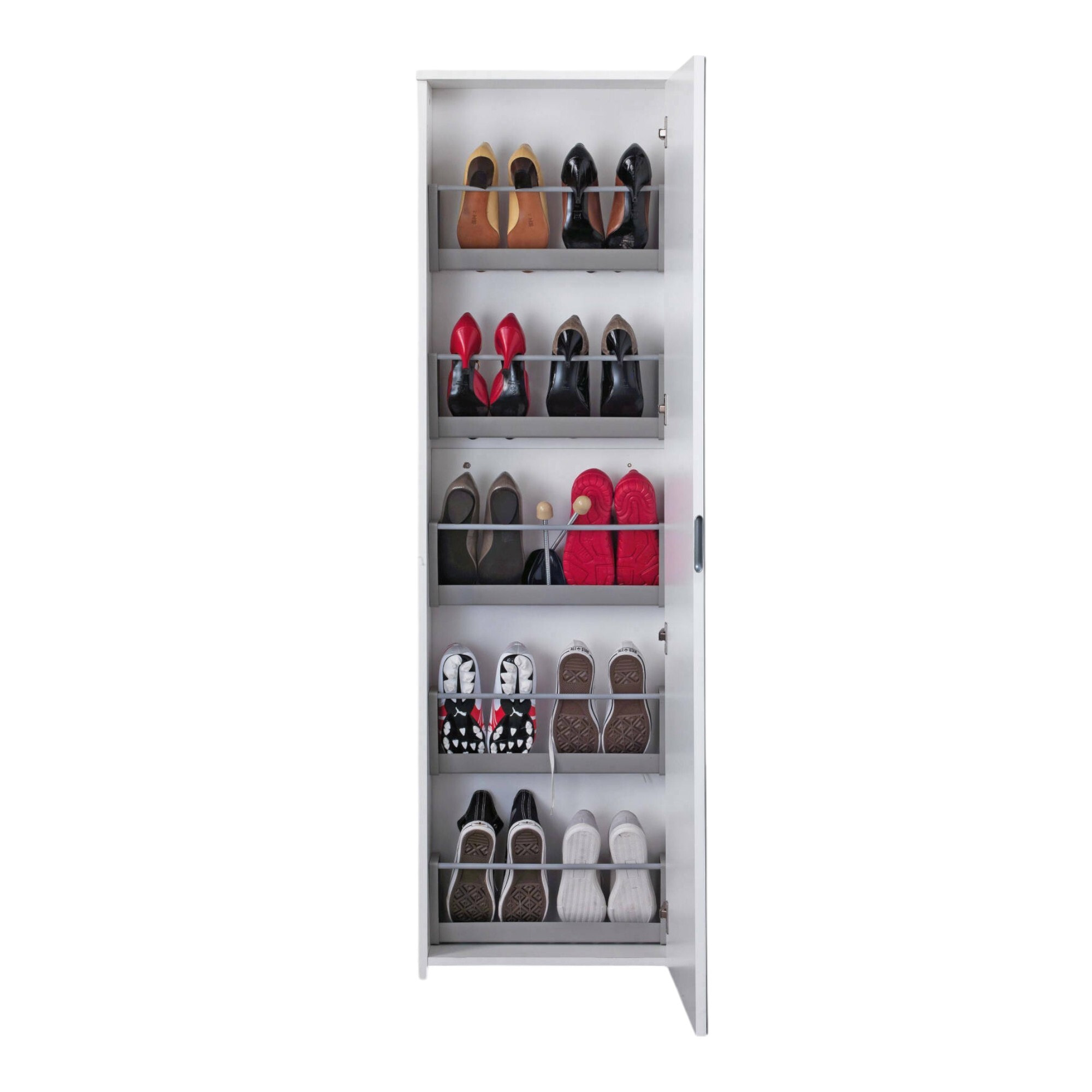 Scarpiera Amonature, Mobile multiuso da ingresso con anta a specchio , Armadio moderno portascarpe a 5 ripiani, 100% Made in Italy, 50x18h178 cm, Bianco