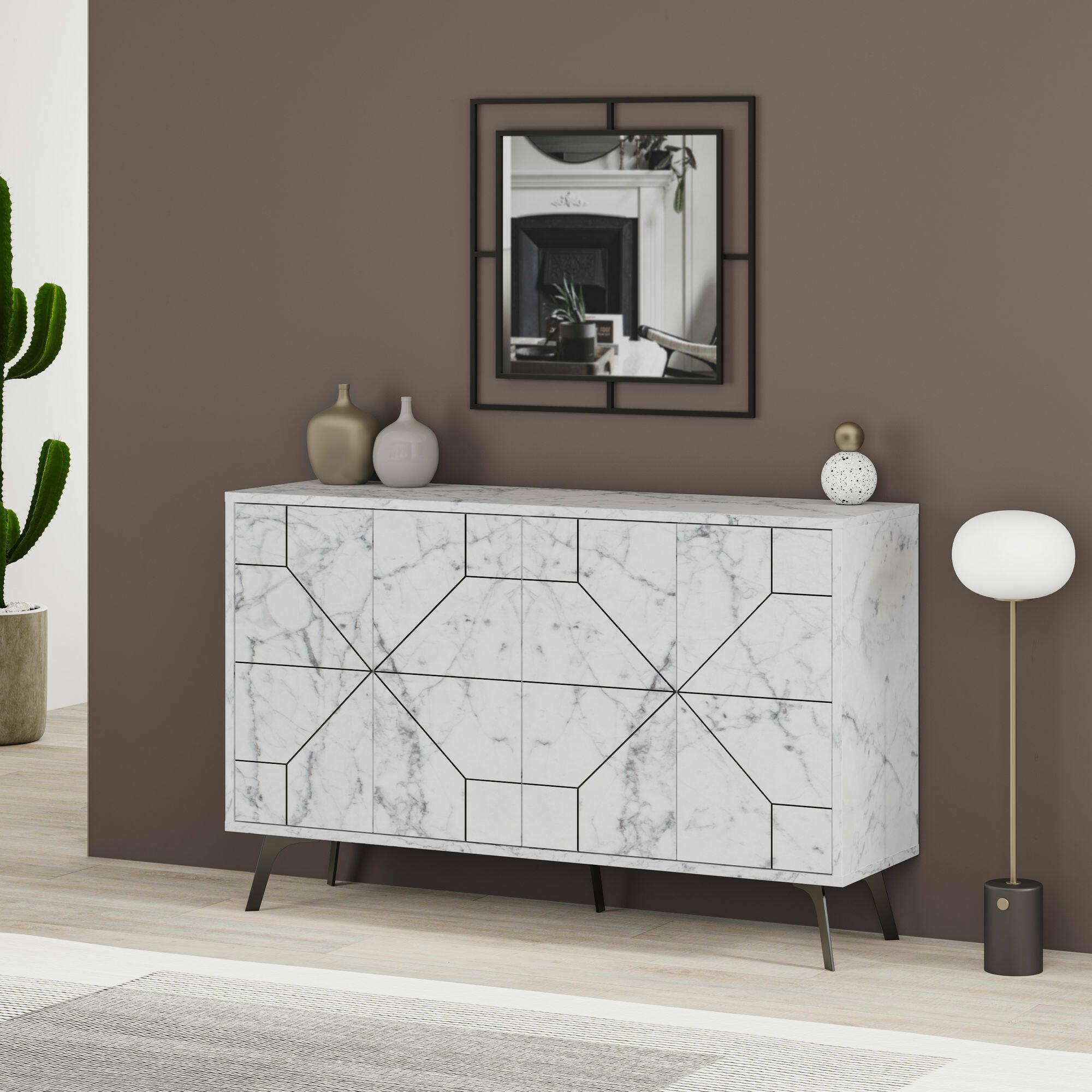 Credenza Dokwonkw, Buffet da soggiorno, Madia da salotto, Dispensa da cucina, 123x35h62 cm, Bianco Marmo