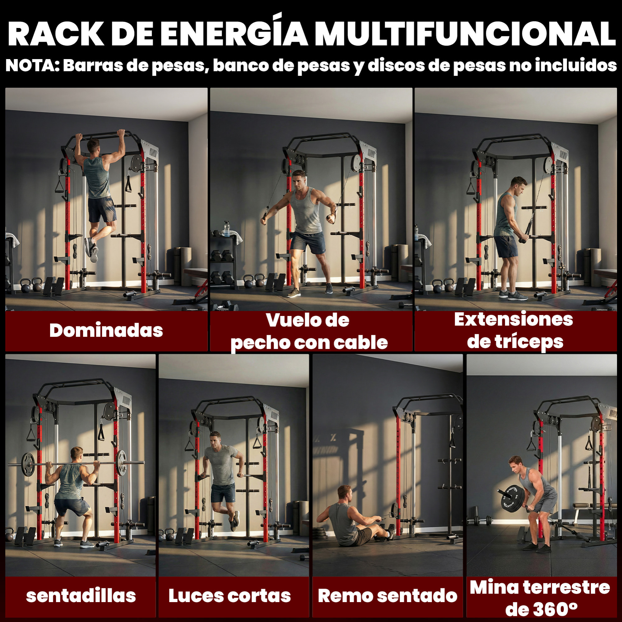 Jaula de Potencia Musculación Smith Machine con Sistema de Poleas Ajustable, Rack para Sentadillas con Barra de Dominadas, Estación de Fondos, Soporte Barra, para Casa Gimnasio, Carga 900 kg