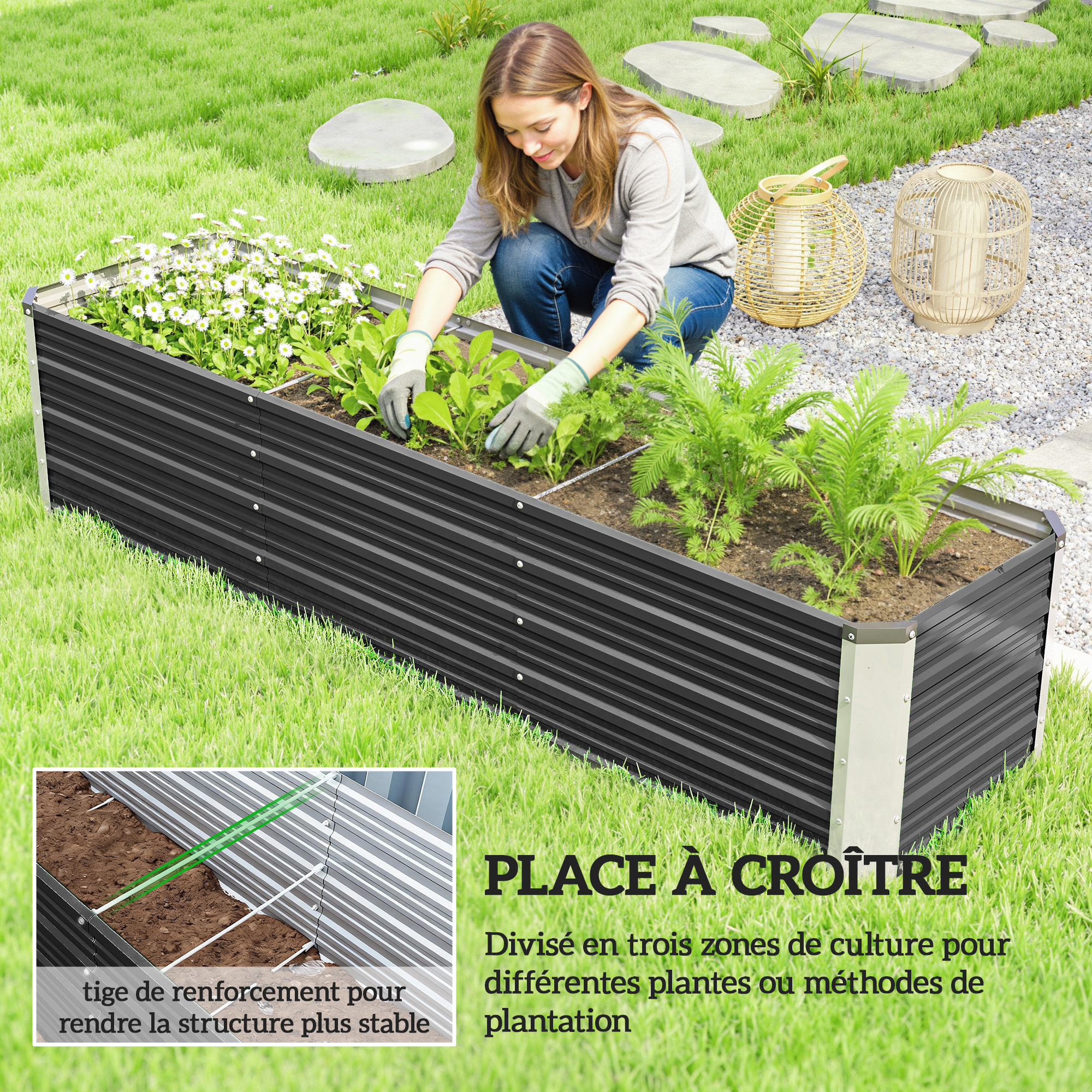 Carré potager de jardin dim. 183 x 47 x 40 cm tôle d'acier ondulée anthracite