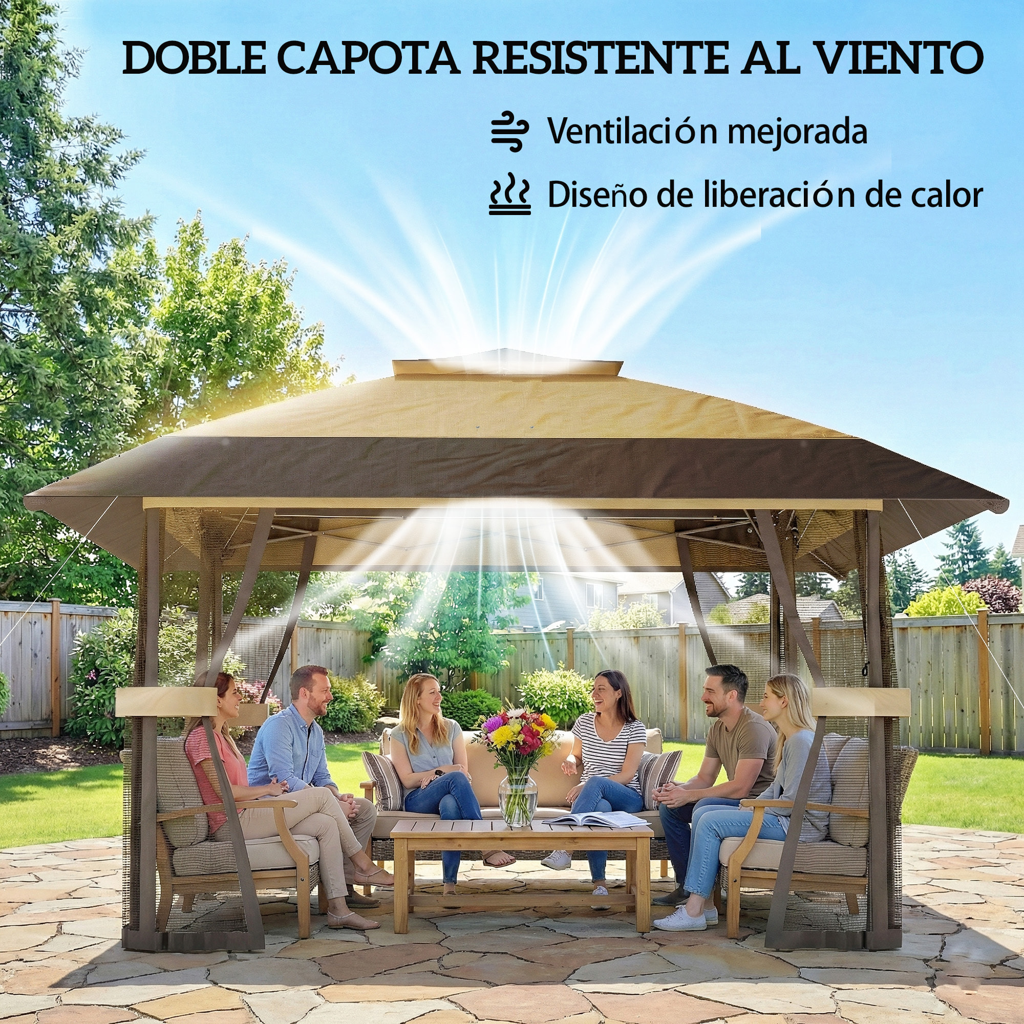 Carpa Plegable 4x4 m, Pop-up, con Doble Techo, 4 Paredes Laterales de Malla, Cenador de Jardín con Altura Ajustable 3 Niveles, Bolsa de Transporte, UPF30+, Gazebo para Camping, Fiestas, Caqui