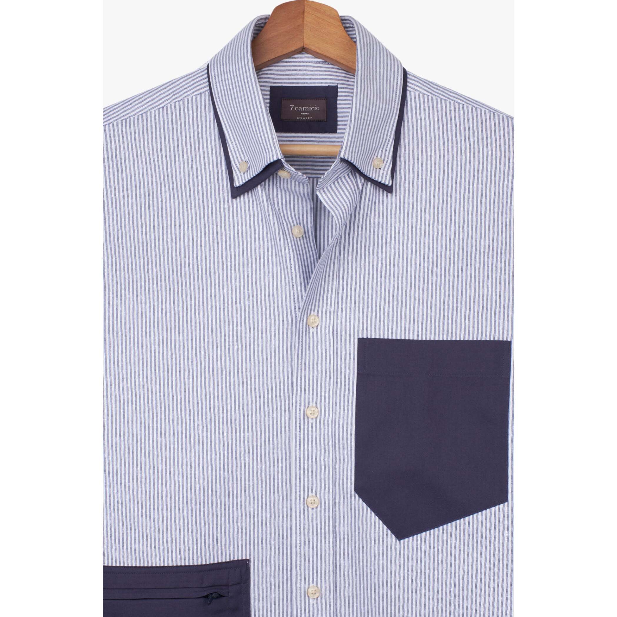 Camicia Uomo 1 Bottone Button Down Oxford Riga Stretta Blu\Bianco