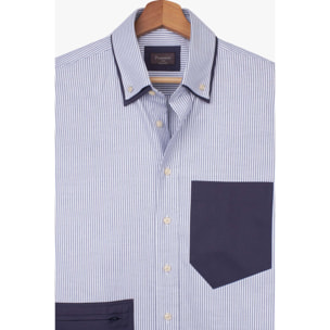 Camicia Uomo 1 Bottone Button Down Oxford Riga Stretta Blu\Bianco