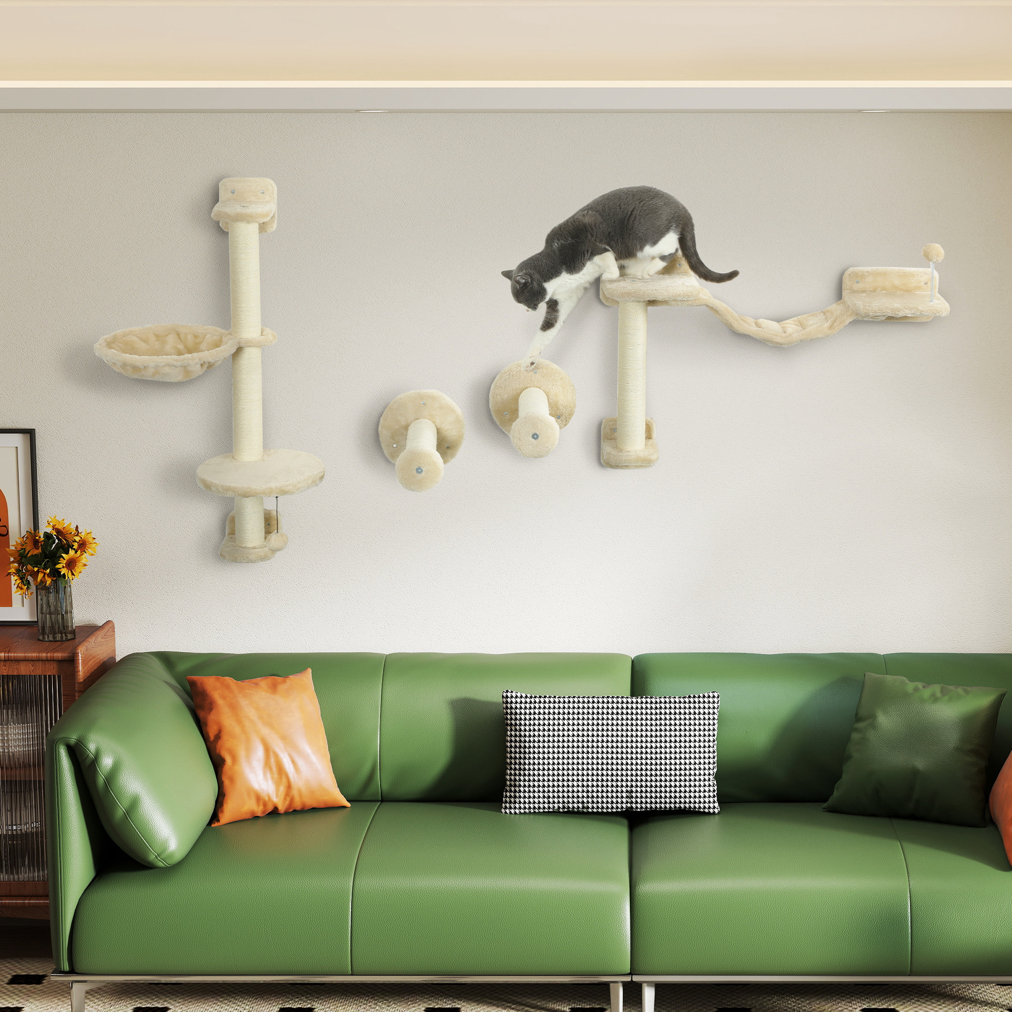 Juego de Estanterías para Gatos de 4 Piezas Rascador de Pared para Gatos con Hamaca Postes Rascadores Escalera Blanda Bola Plataformas para Saltar Beige