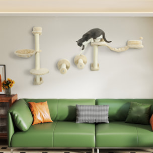 Juego de Estanterías para Gatos de 4 Piezas Rascador de Pared para Gatos con Hamaca Postes Rascadores Escalera Blanda Bola Plataformas para Saltar Beige