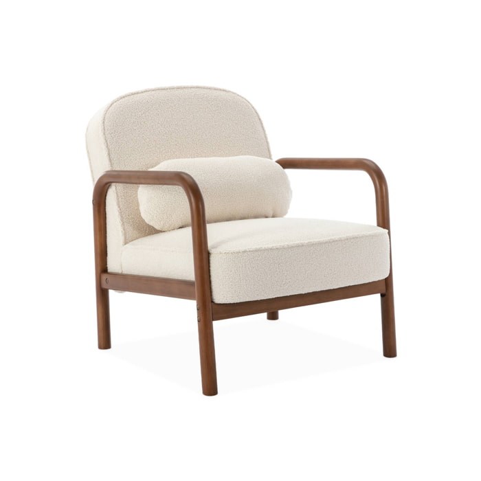 Fauteuil scandinave bois d'hévéa finition noyer clair et dossier arrondi en bouclette blanche - AMELIE