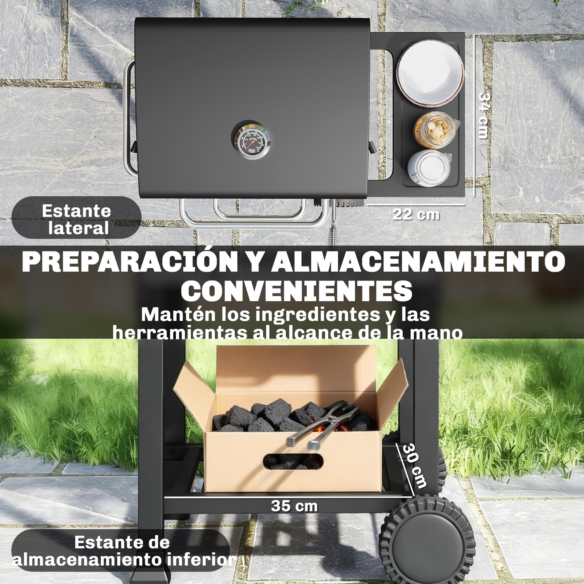 Barbacoa de Carbón Portátil, Barbacoa de Carbón con Termómetro, Ventilación Ajustable, Parrilla de Acero Inoxidable, Estante Lateral, Tapa, Bandeja Cenizas, Ruedas, Estante Inferior, Negro