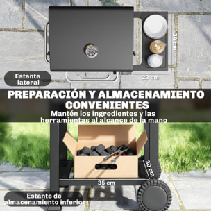Barbacoa de Carbón Portátil, Barbacoa de Carbón con Termómetro, Ventilación Ajustable, Parrilla de Acero Inoxidable, Estante Lateral, Tapa, Bandeja Cenizas, Ruedas, Estante Inferior, Negro