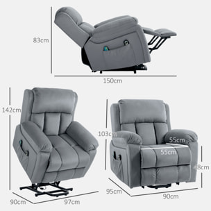 Fauteuil releveur massant chauffant inclinable - 8 points de massage - télécommande, pochette - tissu gris