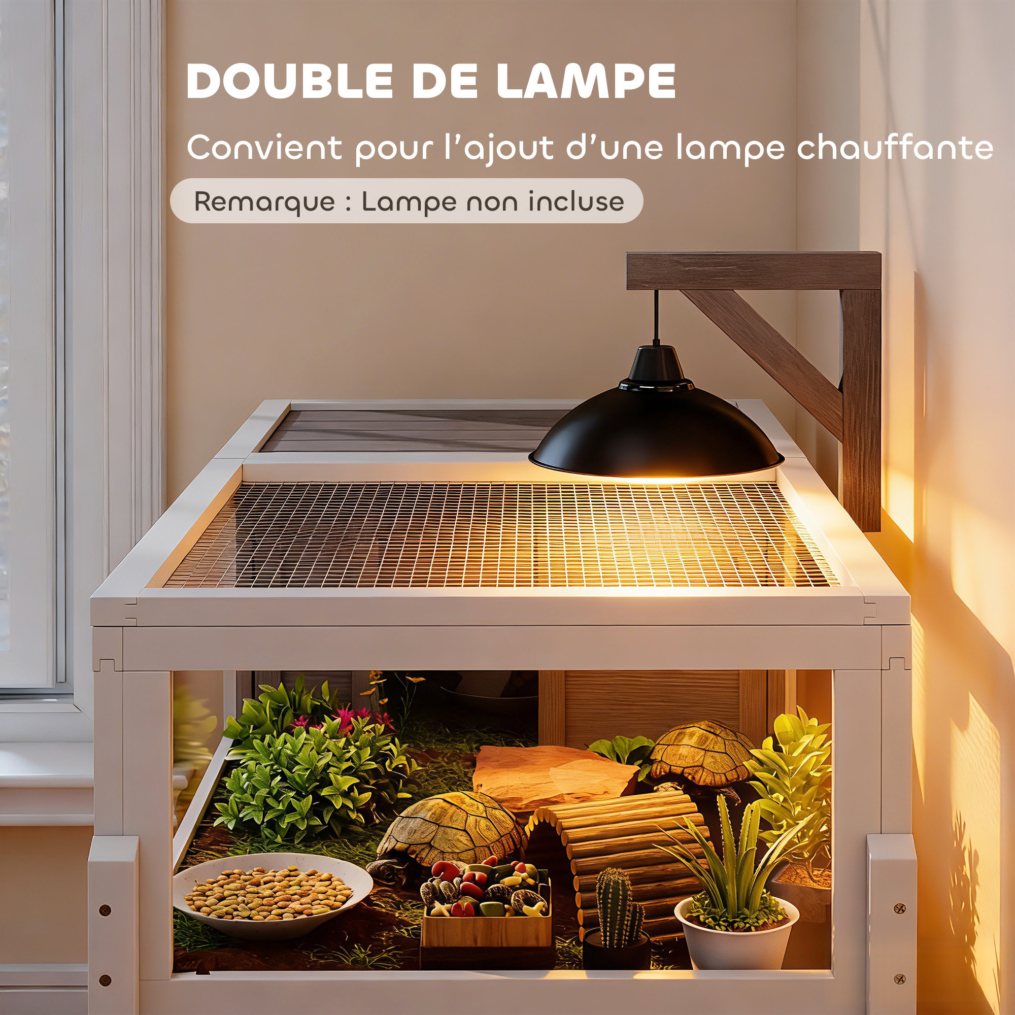 Terrarium maison tortue sur pied - niche, plateau déjection, support lampe - bois blanc gris