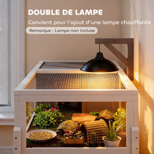 Terrarium maison tortue sur pied - niche, plateau déjection, support lampe - bois blanc gris