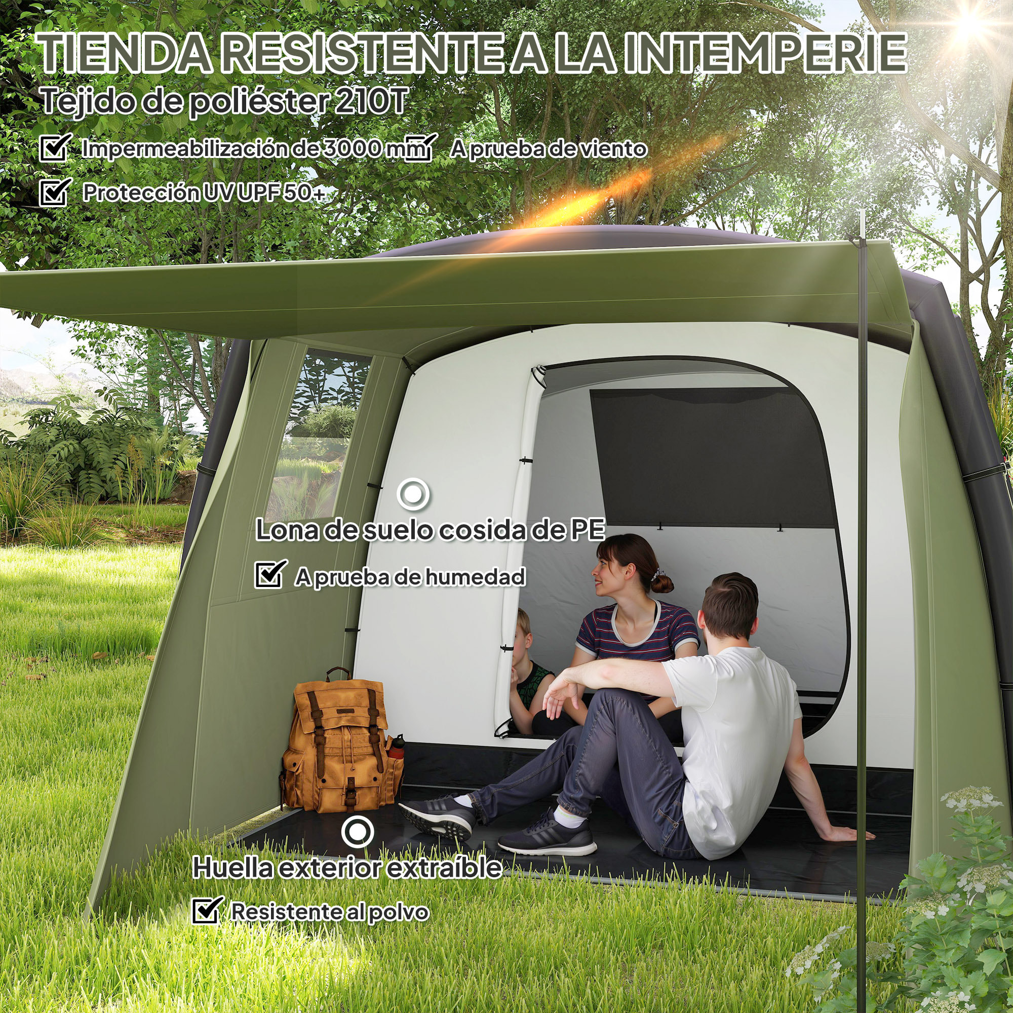 Tienda de Campaña Inflable Familiar Tipo Túnel para 3–6 Personas Tienda de Campaña Glamping con Vestíbulo Ventanas de Malla y Bolsa de Transporte Protección UV 50+ Impermeable Verde Oliva