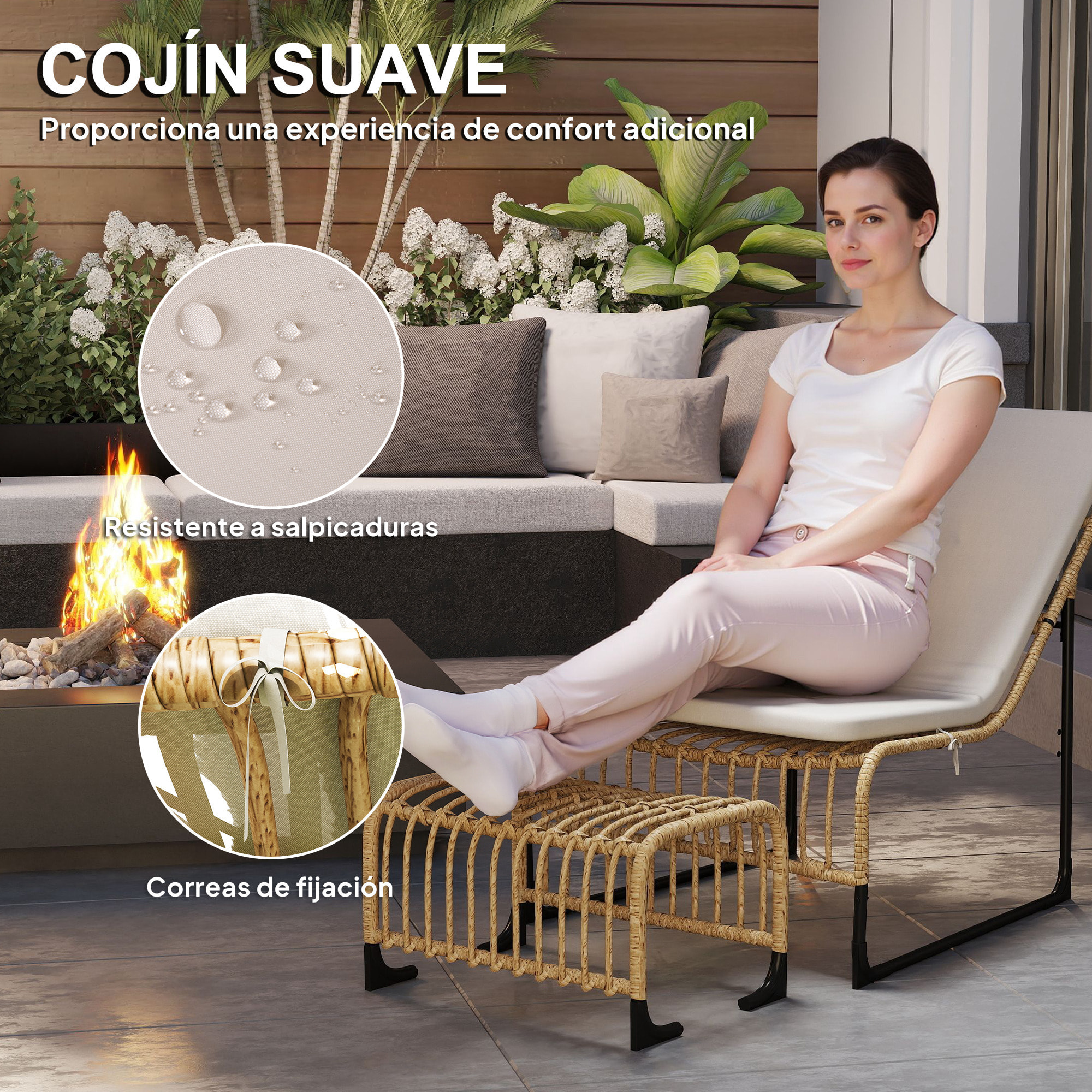 Conjunto de Sillón de Jardín con Reposapiés de Ratán Sintético Sillón para Exterior con Cojín Acolchado y Estructura de Acero Natural y Beige