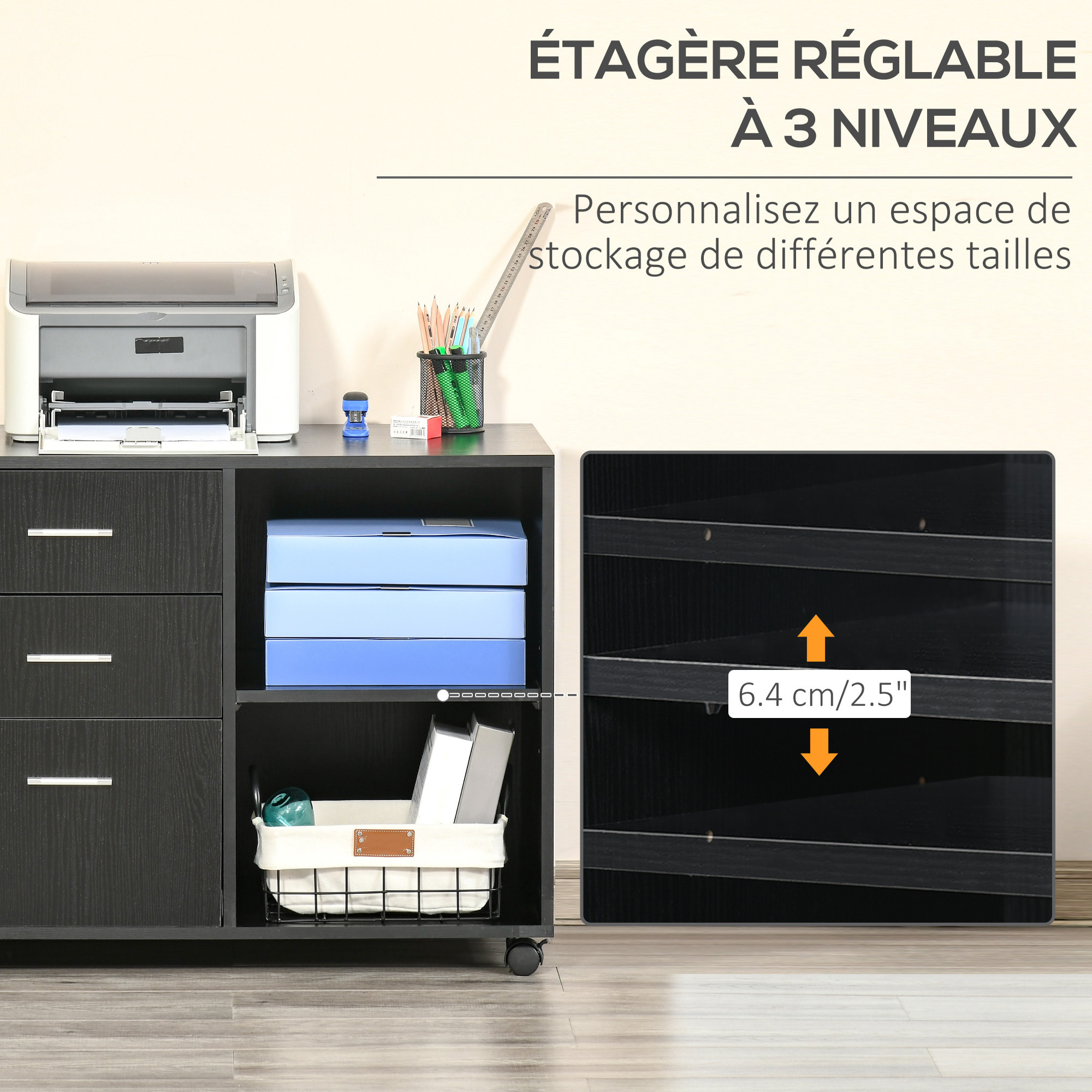 HOMCOM Support d'imprimante organiseur bureau caisson 3 tiroirs + 2 niches + grand plateau panneaux particules noir