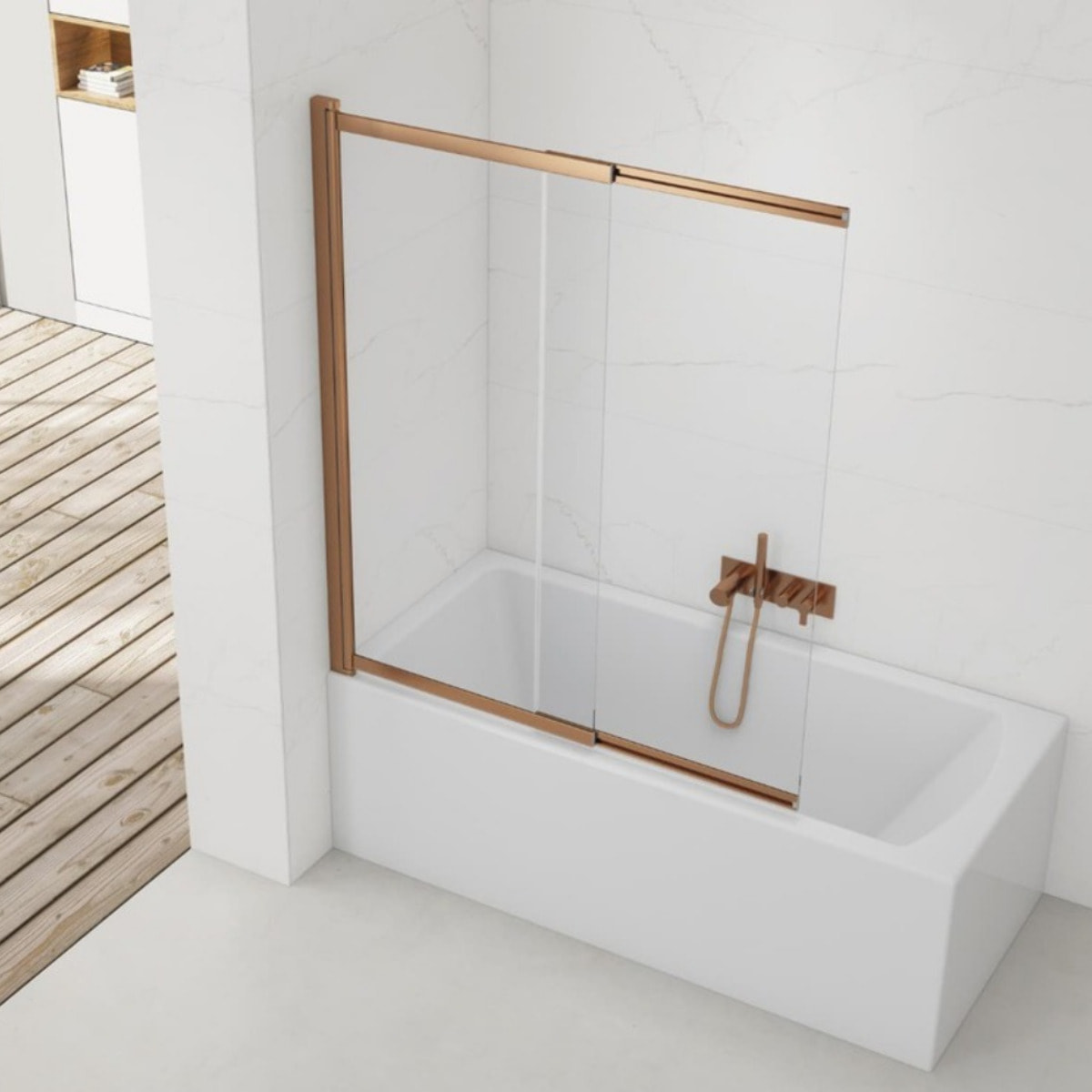 Swiss Aqua Technologies Vision 140x120 cm pare-baignoire coulissant en verre, traitement Easy Clean, or rose (SATVZVI120RG)