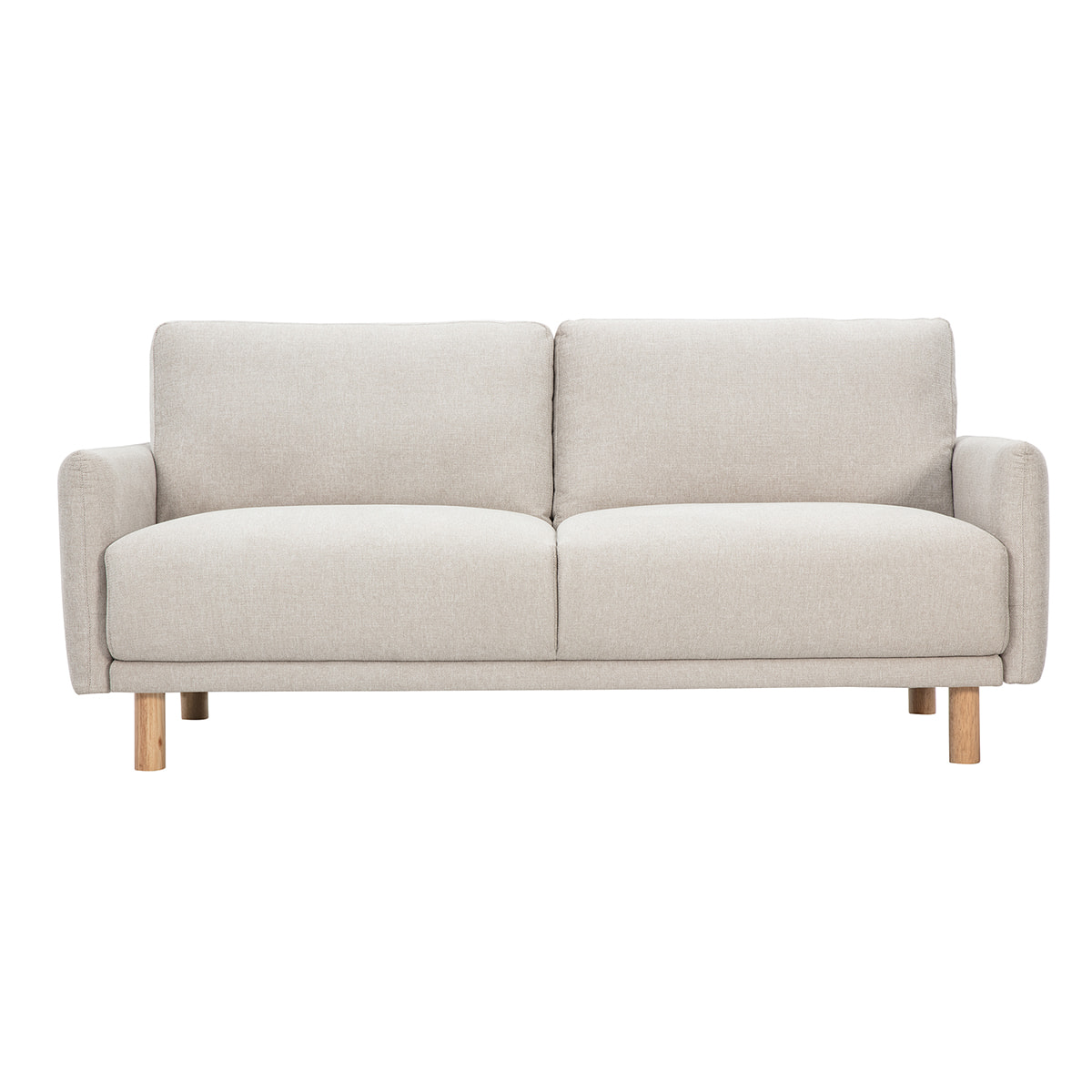 Canapé design 3 places en tissu effet velours texturé beige et bois clair BONO
