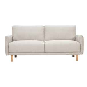 Canapé design 3 places en tissu effet velours texturé beige et bois clair BONO