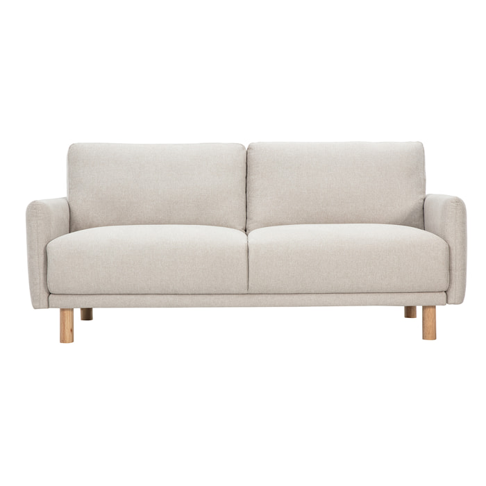 Canapé design 3 places en tissu effet velours texturé beige et bois clair BONO