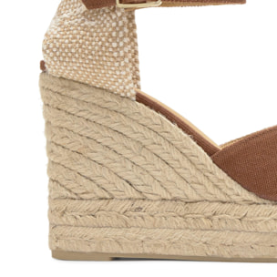 Alpargata de cuña 6 cm peep toe en lona de algodón con talonera trenzada