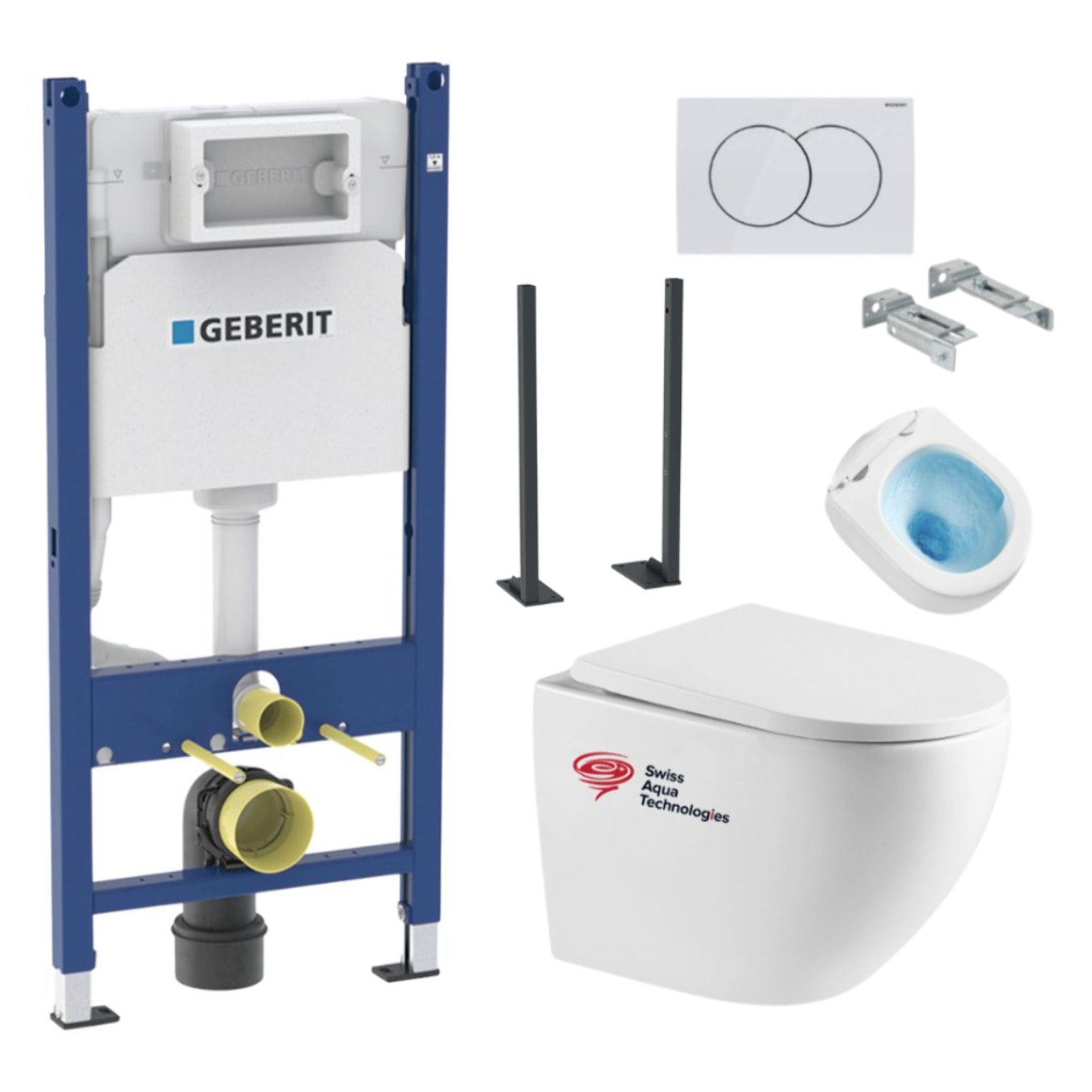 Pack WC Bâti autoportant Geberit + WC sans bride Swiss Aqua Technologies + Abattant softclose + Plaque