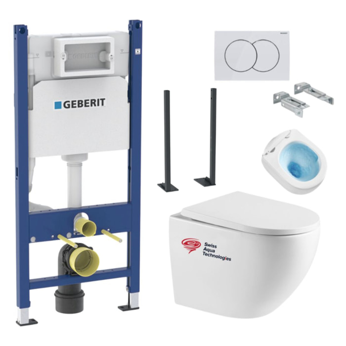 Pack WC Bâti autoportant Geberit + WC sans bride Swiss Aqua Technologies + Abattant softclose + Plaque