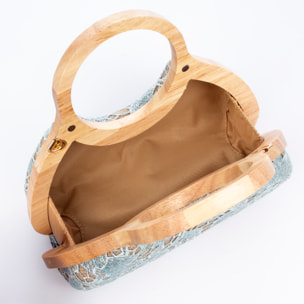 Avisio bolso de mano fabricado en madera natural, algodón y jute con diseño malla de tejido floral