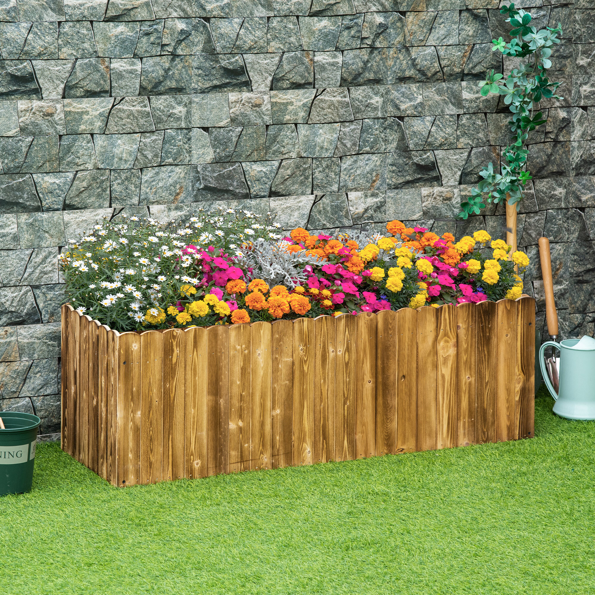 Jardinera Exterior Grande de Madera, Huerto Urbano Elevado con Fondo Abierto para Cultivar Plantas, Flores, Hierba, Macetero Exterior Rectangular para Jardín Terraza 120x40x40 cm, Carbonizada