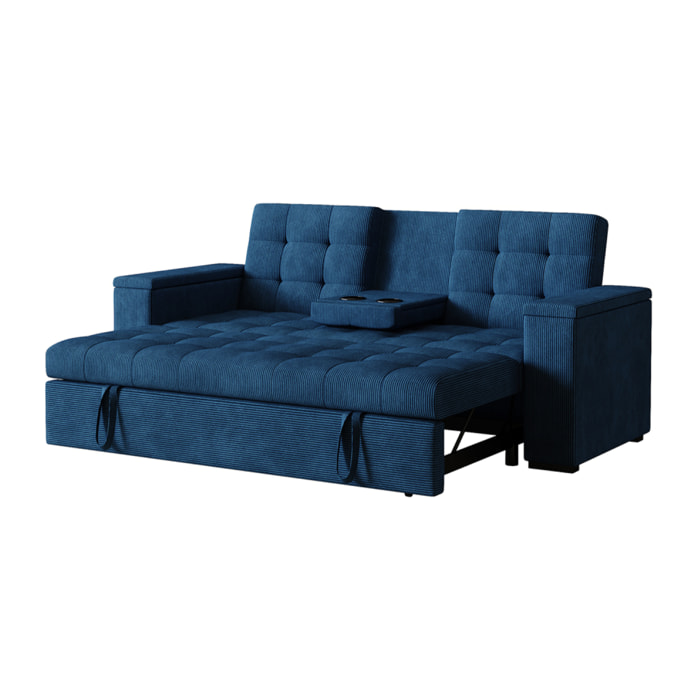 Canapé 3 places convertible avec tablette centrale et accoudoirs amovibles bleu velours côtelé TILIA
