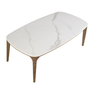 Mesa centro ovalada barril con tapa de mármol porcelánico blanco con vetas en gris brillo y unas patas de madera chapada en nogal natural 119x65x41cm