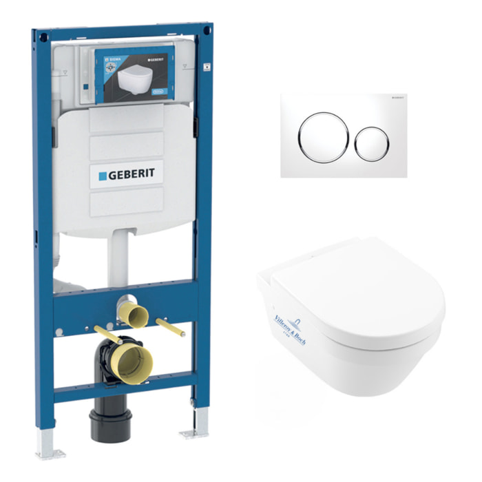 Pack WC Bati Geberit Duofix UP320 + WC Villeroy & Boch sans bride Architectura, fixations invisibles + Plaque blanche