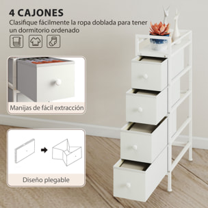 Cómoda con 4 Cajones de Tela, Cómoda para Dormitorio Estrecha con Marco de Acero, Cajonera para Espacios Pequeños, Sala de Estar, Vestidor, Baño, Blanco