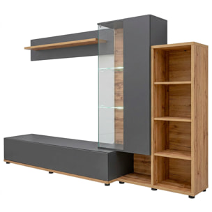 Parete Attrezzata Mobile TV Vetrina LED Living Mensola Vani Giorno Multifunzione Design Contemporaneo Arredo Casa 240 x 40 x 145 Cm Antracite Rovere